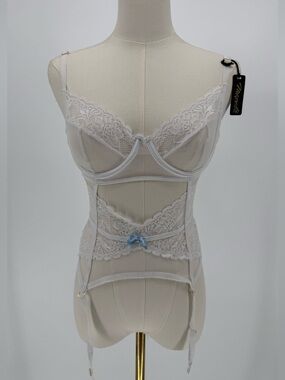 Mapale White Lace Corset Top Blue Bow Garter Straps 8839 S/M